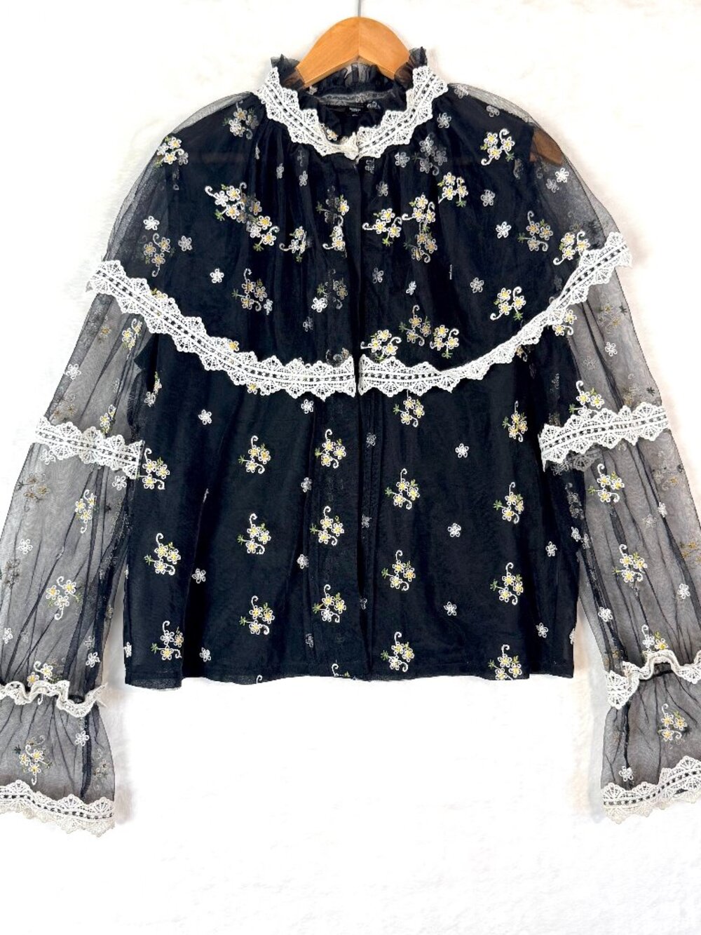 SISTER JANE Floral Embroidered Coquette Fairy Sheer Ruffle Button Front Top S